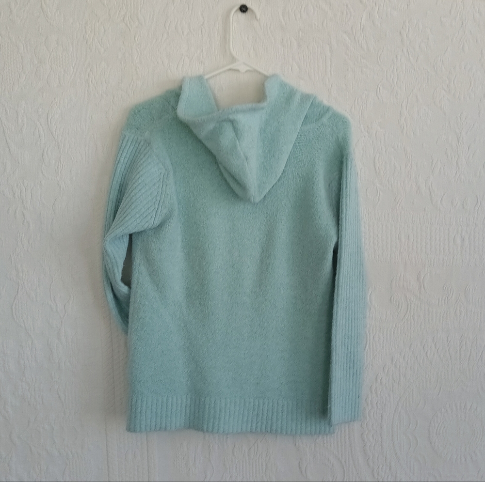 Cozy Aqua Blue Hooded Cardigan Fuzzy Teddy Hooded Soft Comfy Pastel Mint Green - Picture 10 of 12